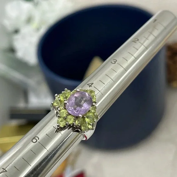 Vintage SETA Sterling Silver Amethyst & Peridot Cluster Ring Size 5 - Picture 9 of 16